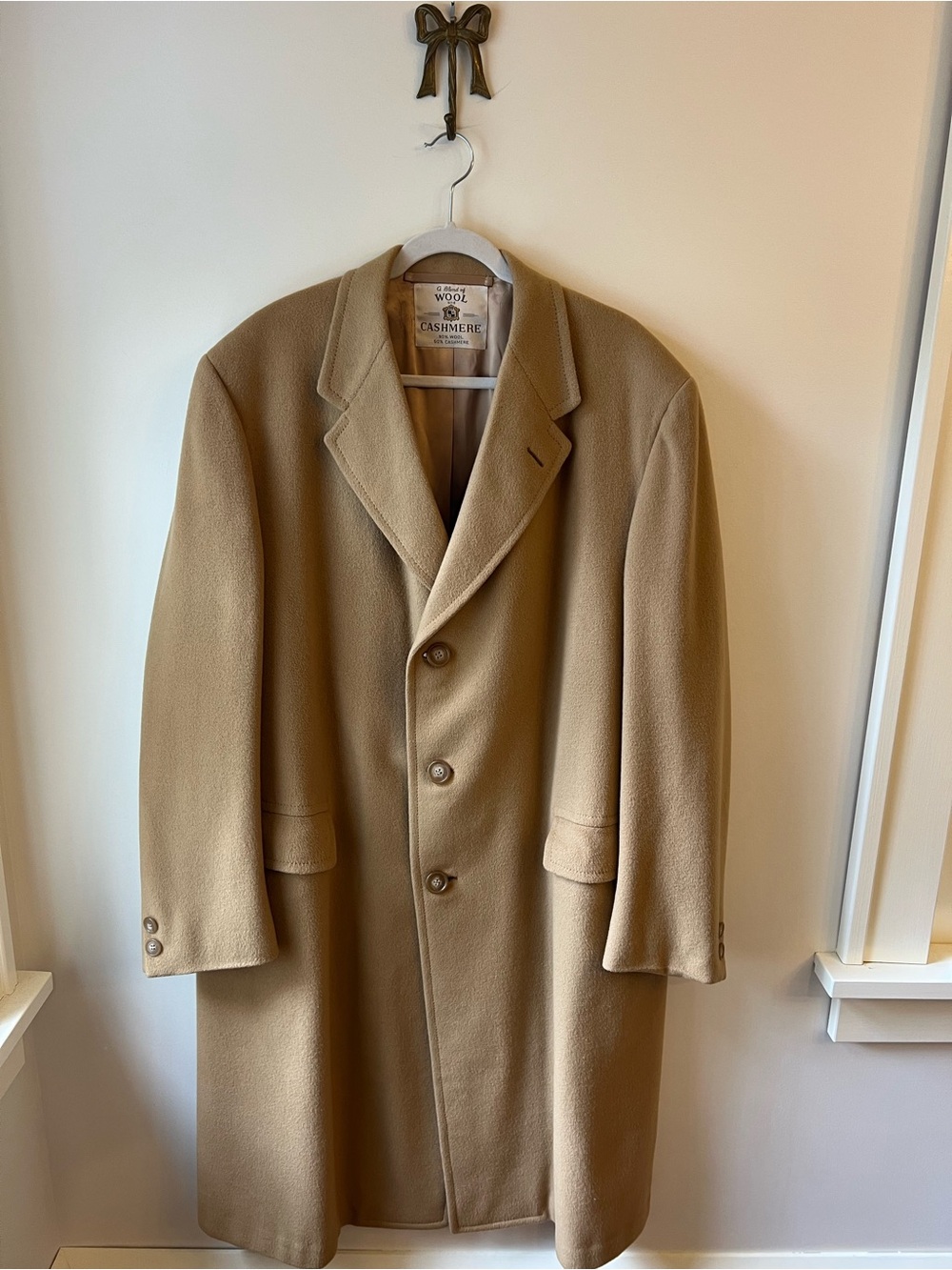 Hickey Freeman 50% Wool 50% Cashmere Long Overcoat Mens XL Old Money Camel Tan